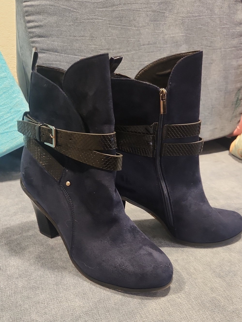 FSJ Navy Blue Suede Heeled Ankle Boots with Black Strap Detail
